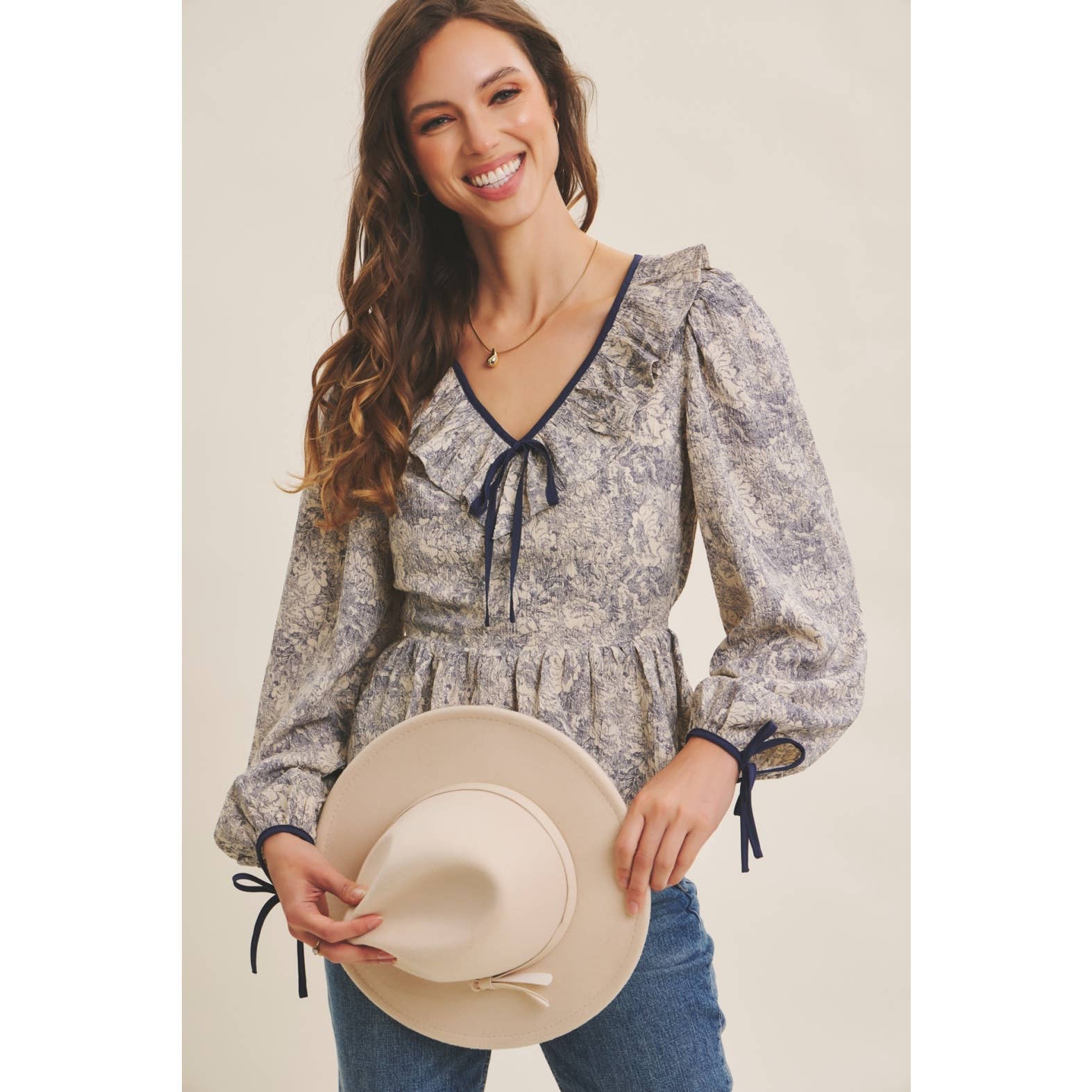 in february - Wholesale Blouse - Women's - TOILE PRINTED BABYDOLL BLOUSE WITH BALLOON SLEEVES1