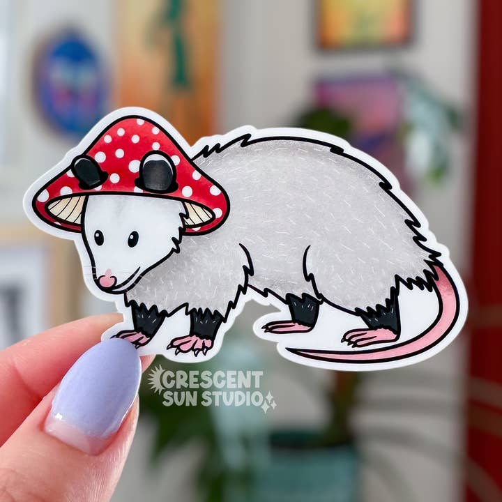 Opossum Sticker, Cottagecore Mushroom Animal Sticker for wholesale by Crescent Sun Studio