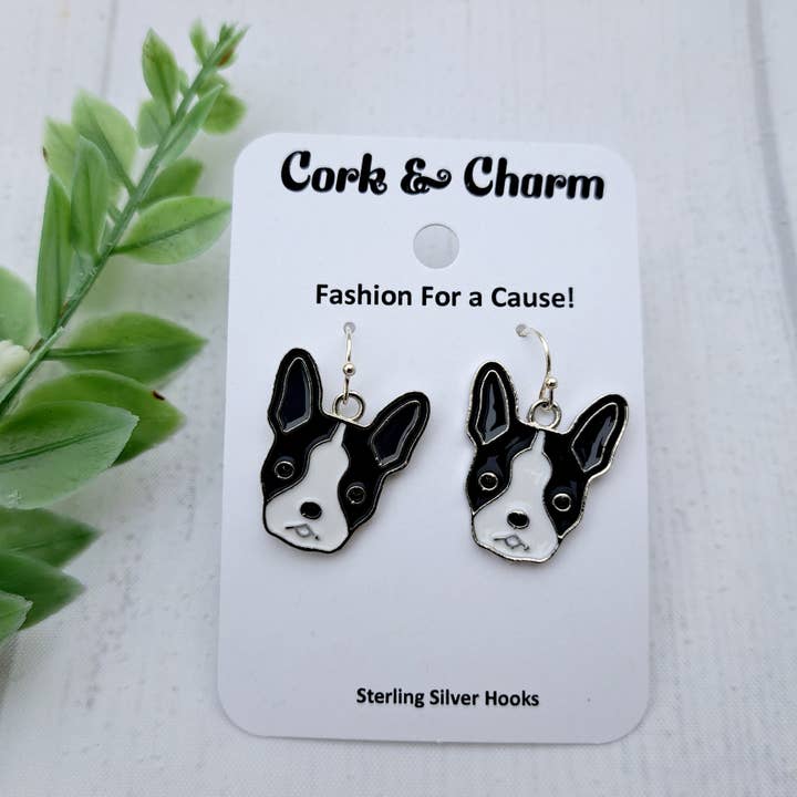 Boston Terrier Dog Breed Head Face Sterling Silver Earrings for wholesale by Cork and Charm