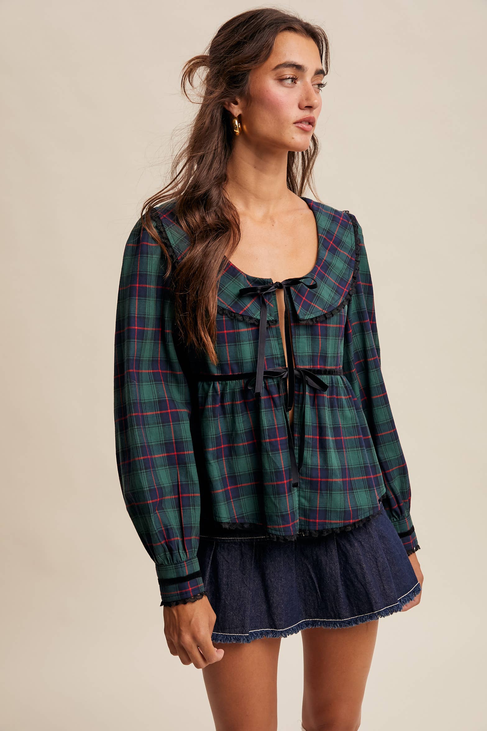 Listicle - Wholesale Blouse - Women's - Plaid Velvet Trim Holiday Blouse LT144612