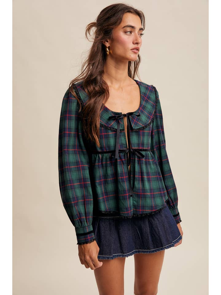 Listicle - Wholesale Blouse - Women's - Plaid Velvet Trim Holiday Blouse LT144612