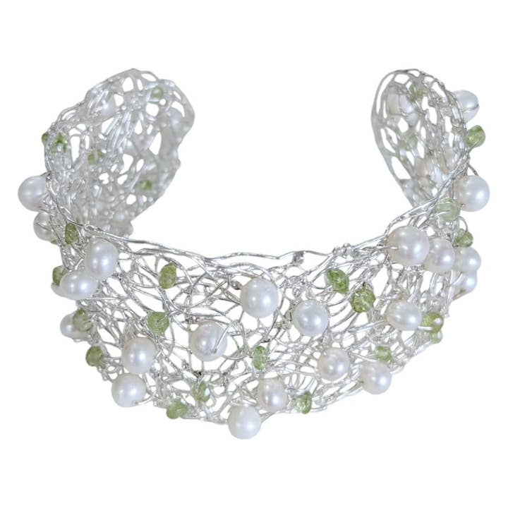 SALE Pearl and Peridot Sterling Filament Cuff Bracelet for wholesale by Saraswati Imports