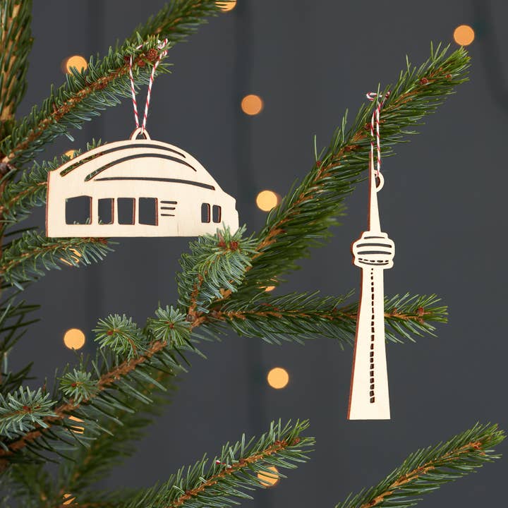 CN Tower and Skydome Toronto Wooden Ornaments for wholesale by Light + Paper