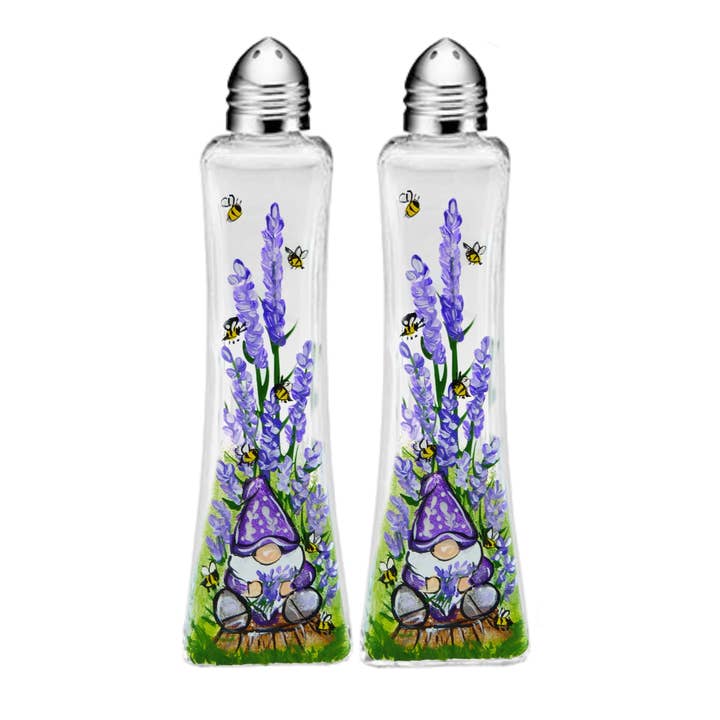 Lavender Gnome Garden Bee Hand-Painted Salt & Pepper Set for wholesale by Classy Art Designs, LLC