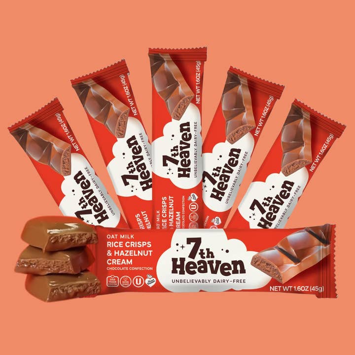 Vegan Oat Milk Chocolate Bar - Hazelnut Rice Crisps, Non-GMO for wholesale by 7th Heaven Chocolate