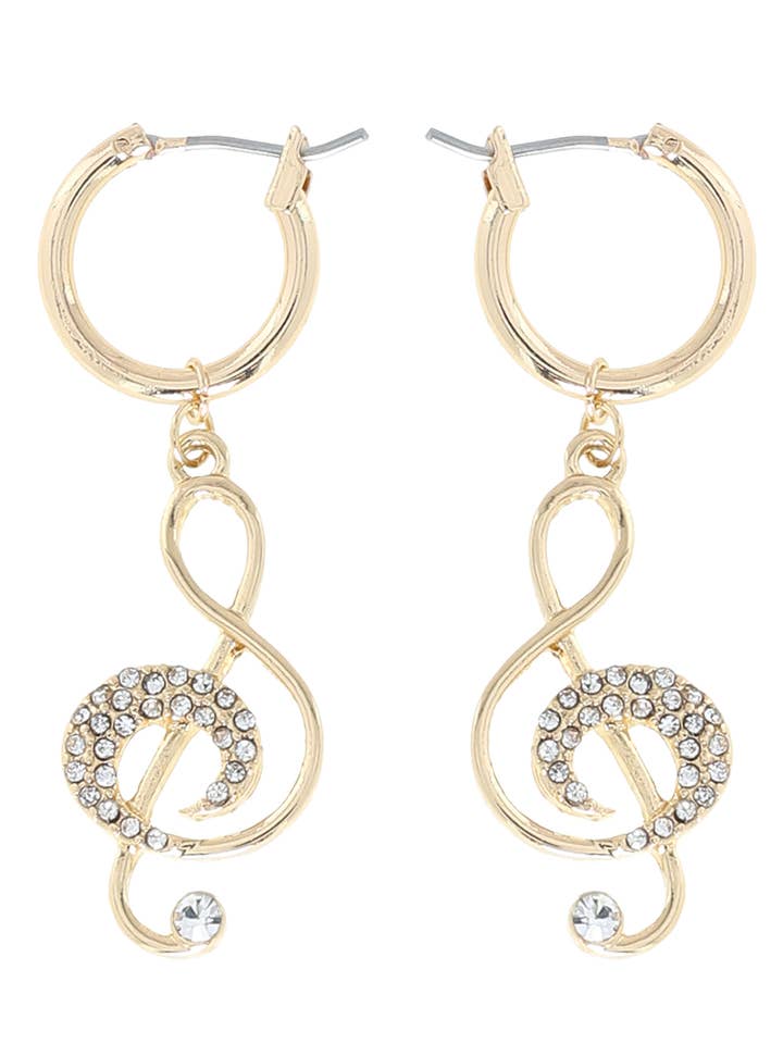 Rhinestone Crystal Pave Treble Clef Charm Dangle Earrings for wholesale by SP Sophia Collection