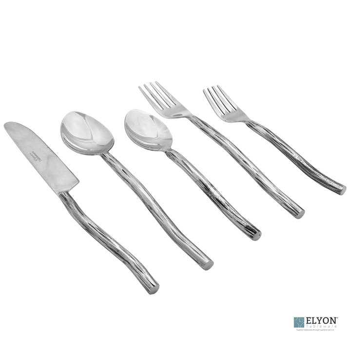 Elyon Tableware® - Wholesale Flatware Set - Elyon Twig Silver 20-Piece Mirror Hand-Forged Flatware Set