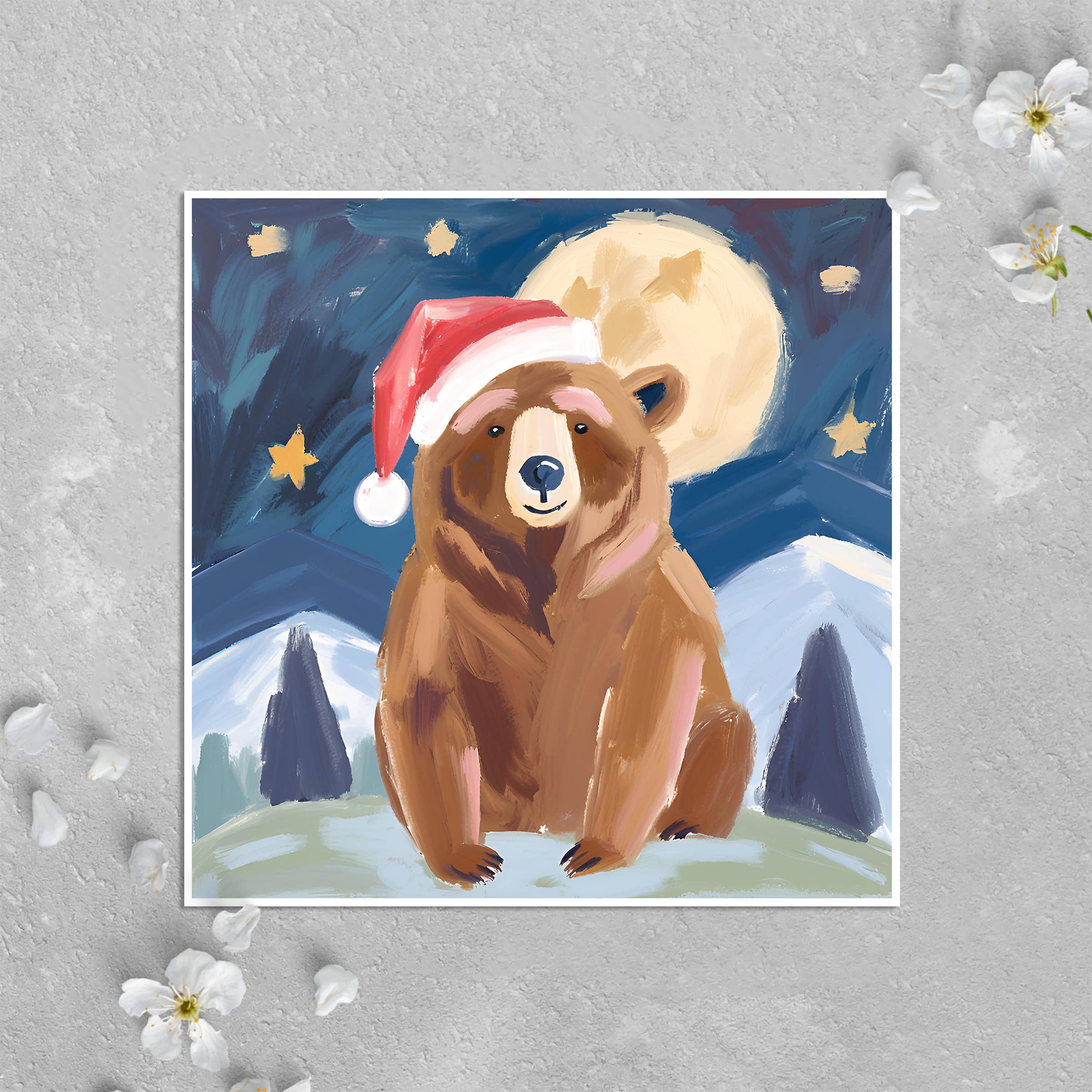 KalooMoon Art – wholesale Season’s Greetings card – Holiday Card: Christmas Bear with Santa Claus Hat, Mountains