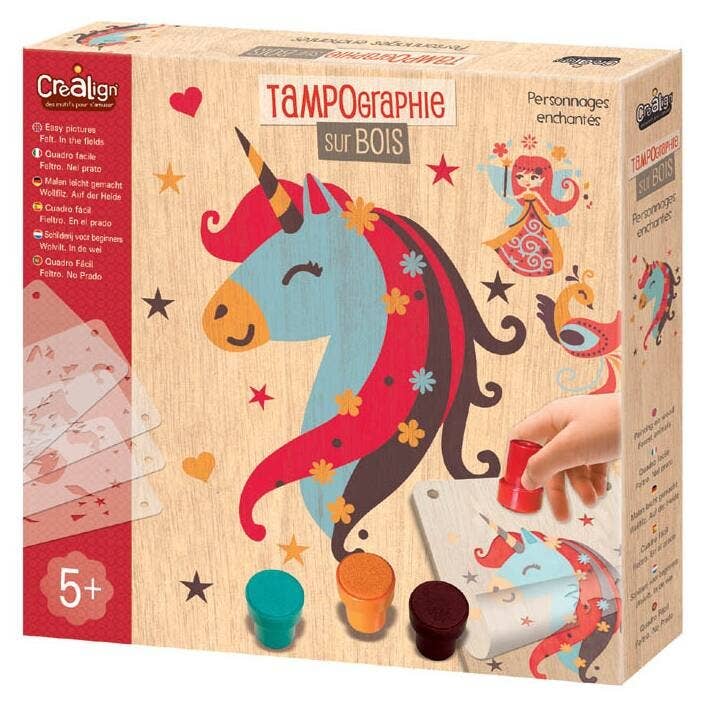 Tampontryk på træ med fortryllende figurer for engroshandel hos Créa Lign'