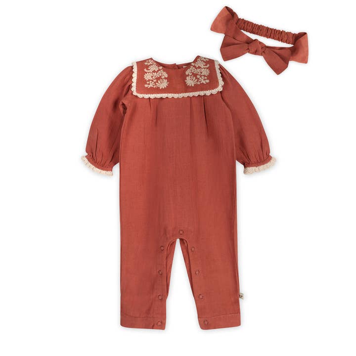 Sienna Vena Embroidery Collar Baby Jumpsuit & Headband (Organic) for wholesale on Faire