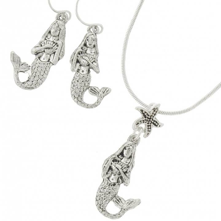 FR5288 3D Antique Silver Mermaid Starfish Pendant Set for wholesale by 0011 PREMIERE