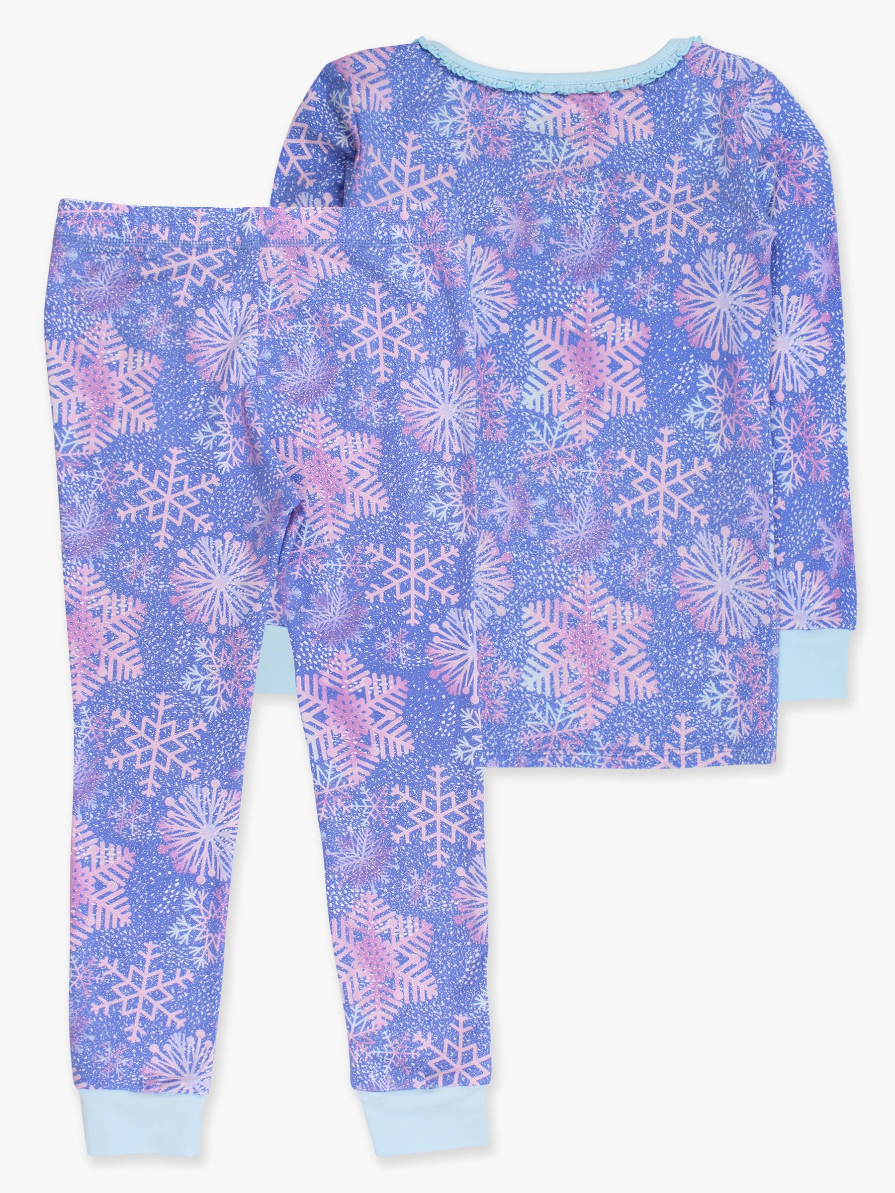 Blue SoftSnooze™ Girls Cotton Modal Shimmer Snowflakes Ruffle Long Sleeve Pajama Set for wholesale on Faire6