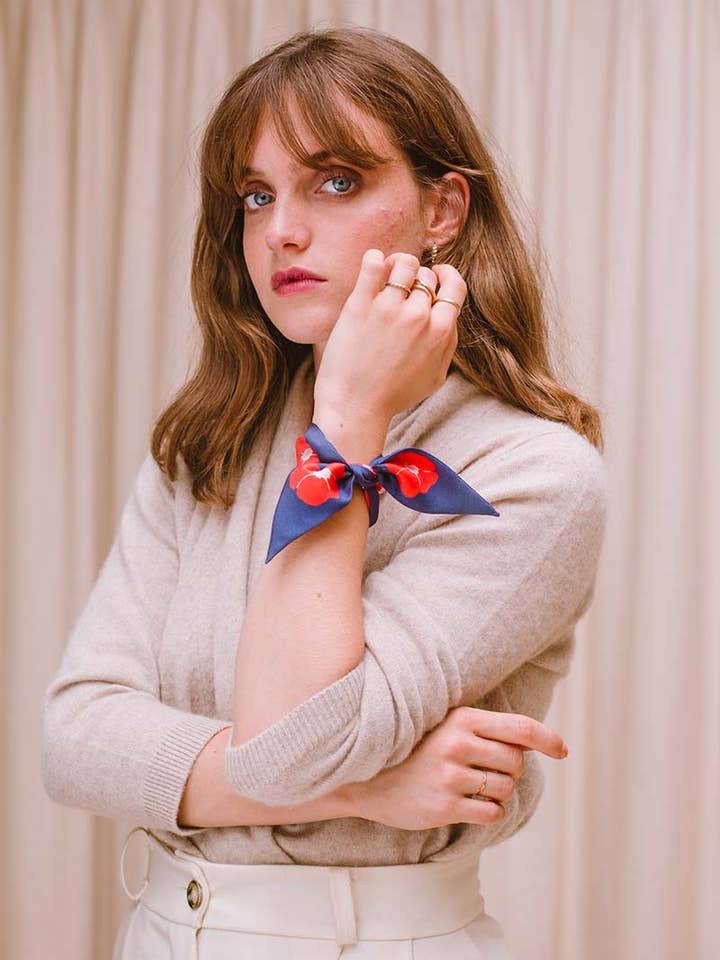 Vermilion Peonies Silk Bracelet for wholesale by Petitjean Paris