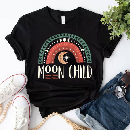 Black Moon Child shirt - Bohemian - Moon Rainbow Bella Canvas Tee for wholesale on Faire
