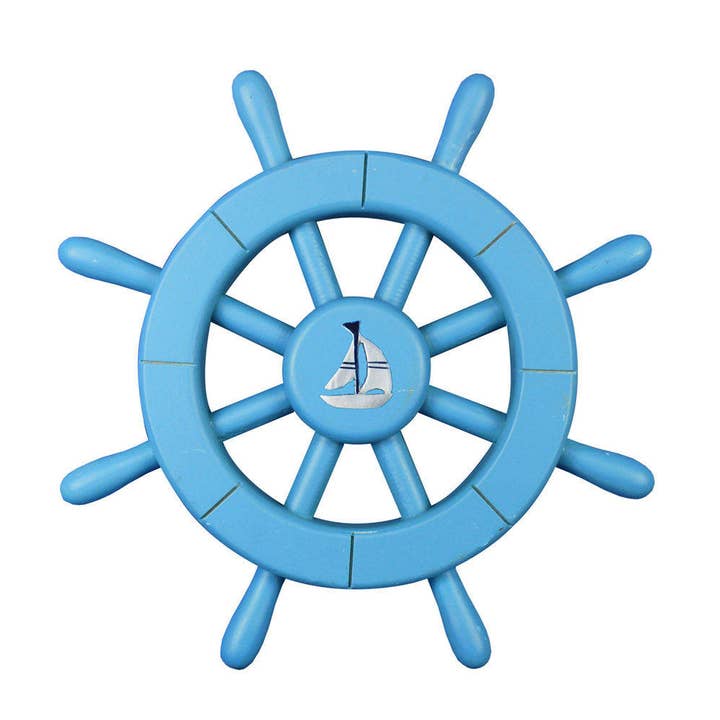 Roda de navio decorativa azul claro com veleiro 12" por atacado de Hampton Nautical