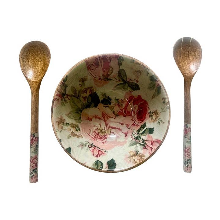 Insalatiera in legno di mango con stampa di rose e cucchiai da portata abbinati per la vendita all'ingrosso da parte di Deidaa