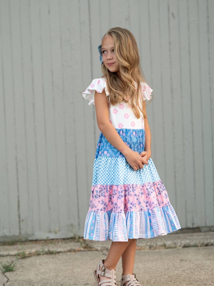 Kids Pink & Blue Floral Checkered Tiered Spring Dress for wholesale by Oopsie Daisy