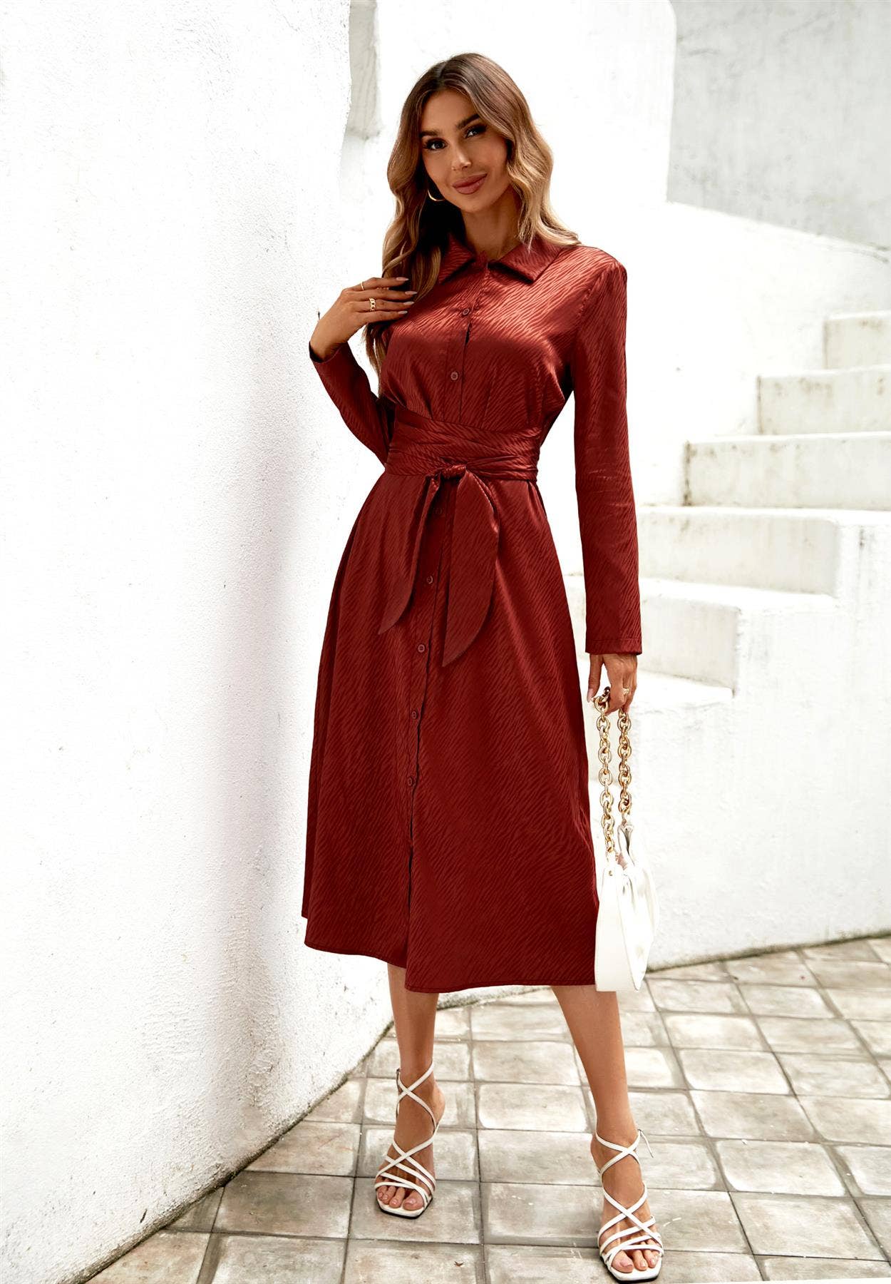 Animal Print Shirt Midi Satin Wrap Dress In Copper Red for wholesale on Faire2