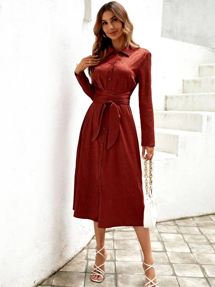 Animal Print Shirt Midi Satin Wrap Dress In Copper Red for wholesale on Faire2