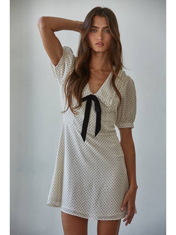 Cream L8821 | Woven Polyester Chiffon Swiss Dot Print Mini Dress for wholesale on Faire