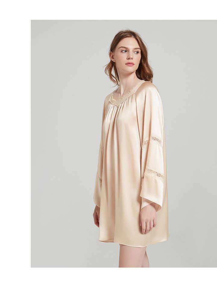 Champagne Gold SaySilkâ„¢ 19 Momme Luxury Silk Long Sleeve Sleepwear Dress for wholesale on Faire