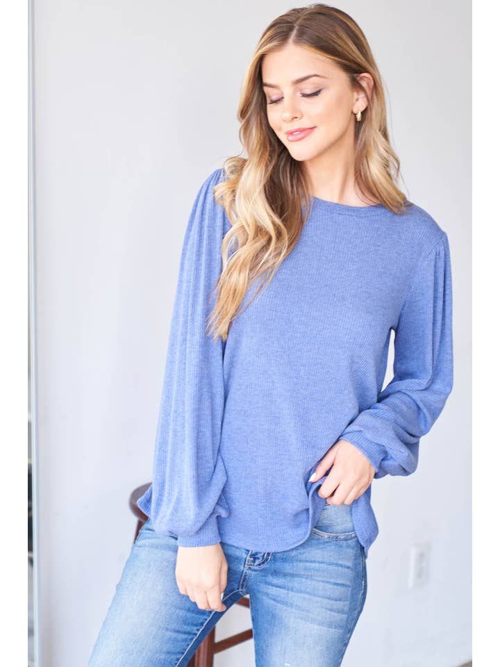 Navy PPT20533-NV-PUFF SLEEVE ROUND NECK BELLA RIB TOP for wholesale on Faire4