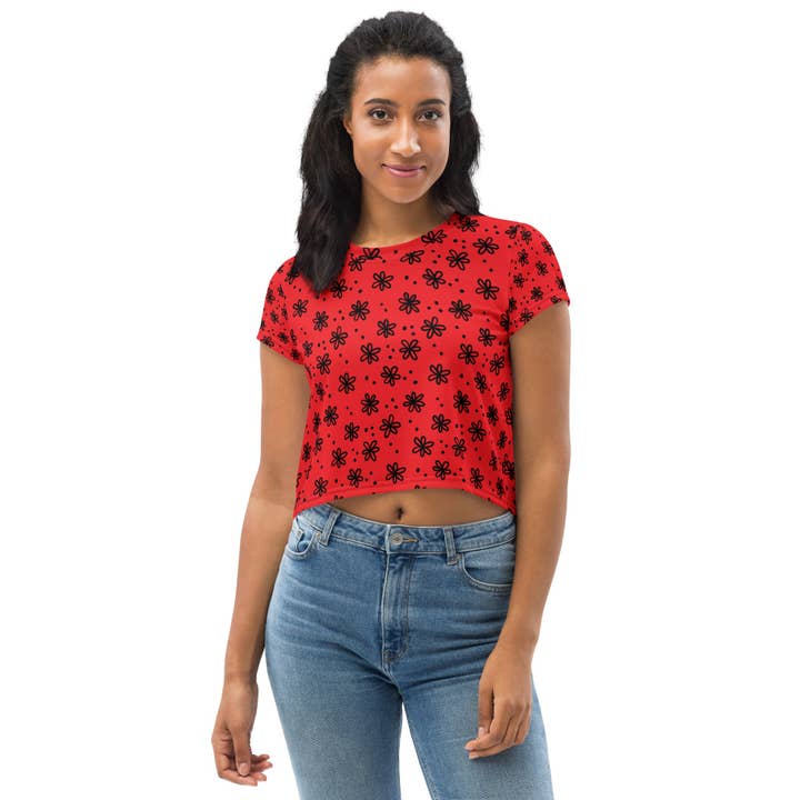 Red Meadow Floral All-Over Print Crop Tee for wholesale by Lady Liberty & Co.