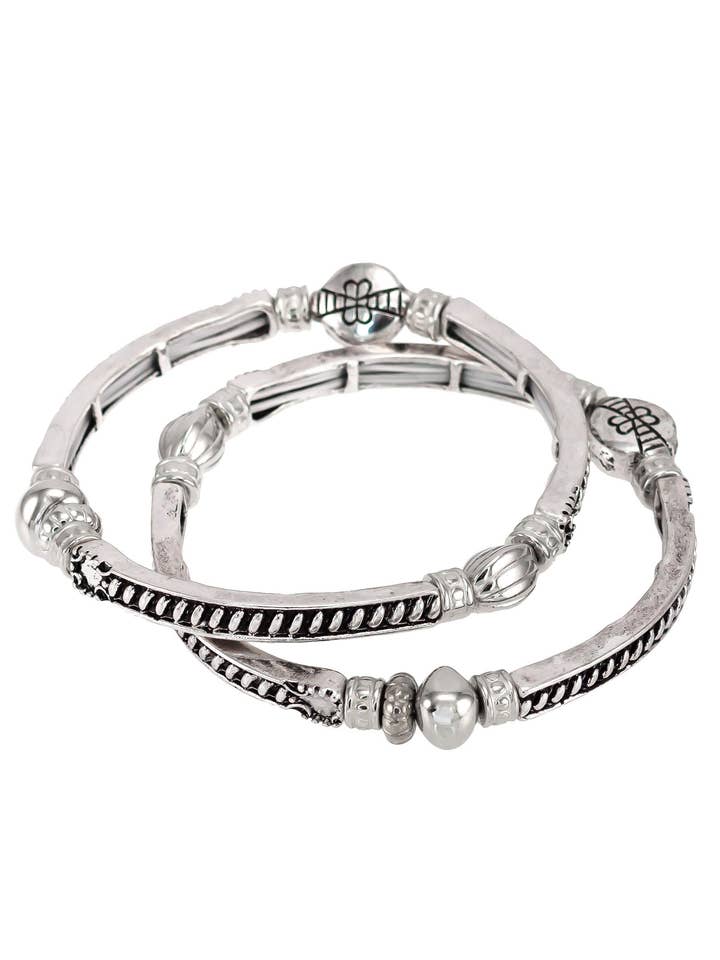 Ruby Rd. - Pulsera elástica plateada de dos filas para venta al por mayor de caroldauplaisejewelry