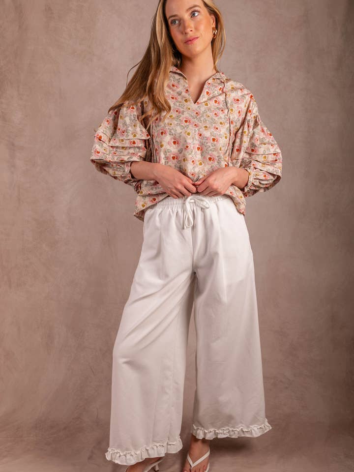 Cotton Ruffled Hem Wide Leg Elastic Pull On Pants for wholesale by Before You Collection