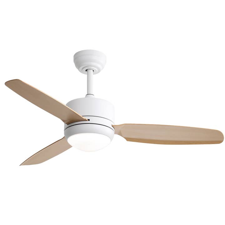 Ventilateur de plafond 46'' avec lumière LED, 3 pales ABS, 6 vitesses, moteur DC silencieux, télécommande – Blanc/bois clair – Idéal chambre, salon, bureau – Design moderne, économie d'énergie RIDGESUN pour la vente par Urban Meuble