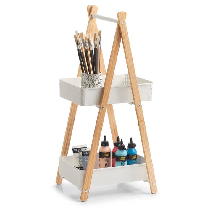 Freestanding shelf with 2 baskets, metal/wood, white for wholesale on Faire2