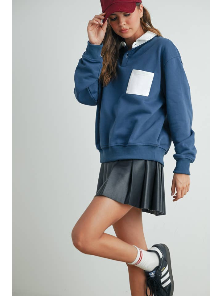 BUTTERMELON - Wholesale Sweatshirt – Women's - Two-Toned Polo Collar Sweatshirt - BMT75256