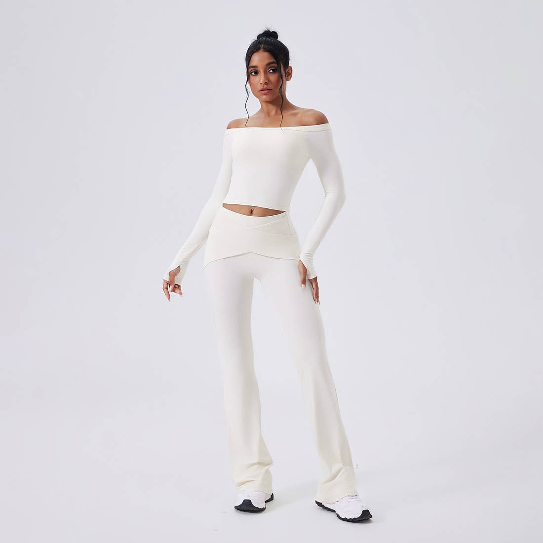 Sodalemon - Venta al por mayor Conjunto de ropa deportiva - Mujer - Conjunto de Yoga de Cintura Alta y Hombros Descubiertos: Top de Manga Larga + Leggings0