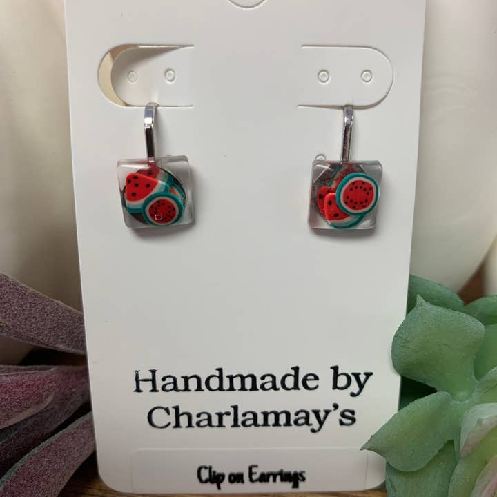 Oorbel van watermeloenhars met clip voor wholesale door Charlmaysllc