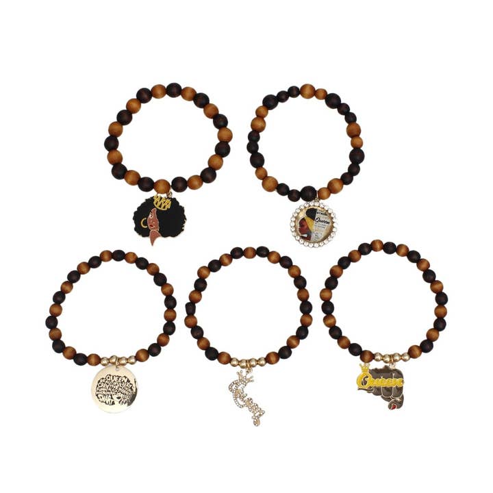 Bracelets Wood Bead Black Queen Charm Set for wholesale on Faire