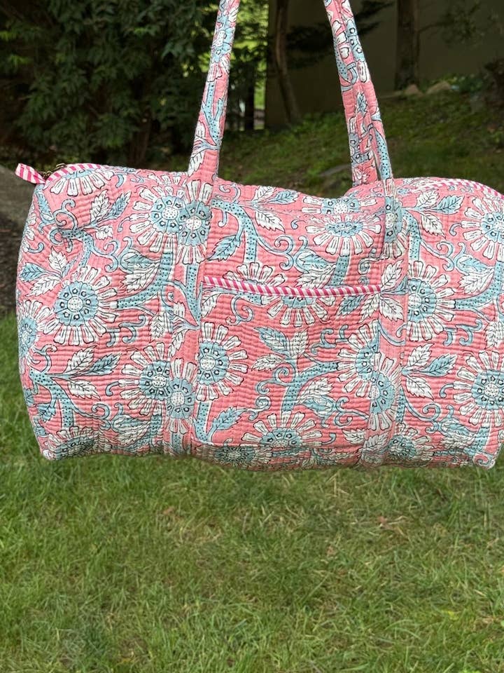 Pink Floral Block Printed Duffel Bag for wholesale by AMRANIS