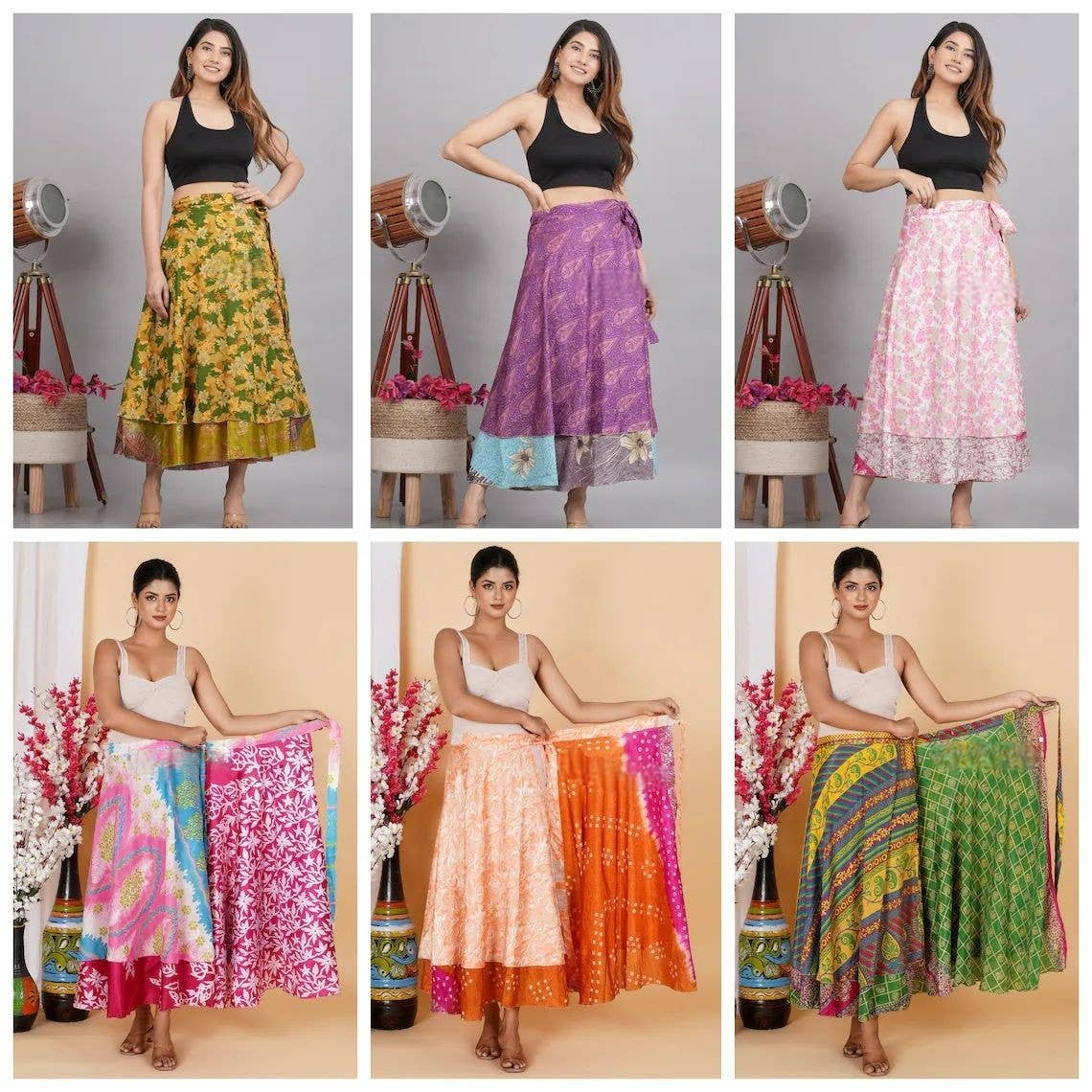 Meghcraft - Wholesale Skirt - Women's - Recycled Vintage Silk Sari Wrap Skirt-Reversible Long skirt 3