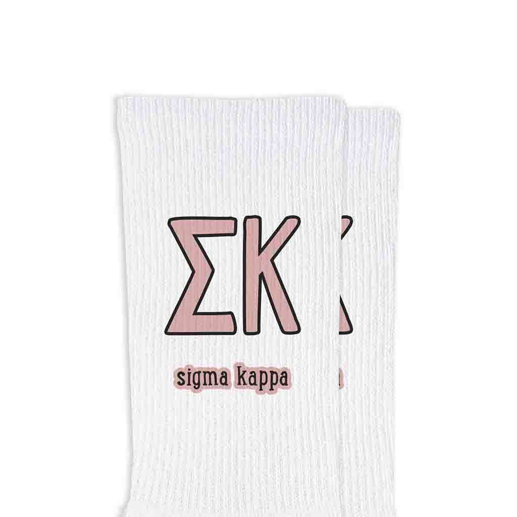White Sorority Crew Socks with Name and Letters in Sorority Colors for wholesale on Faire21