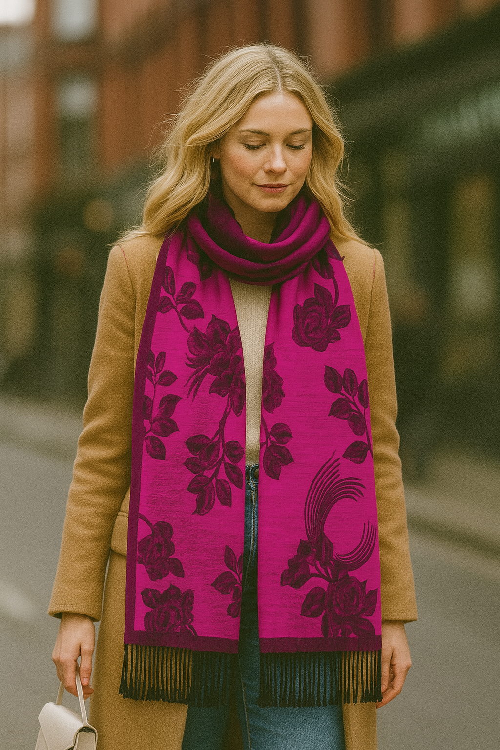 Original USA - Vente Écharpe – femme - Pashmina à bordure solide avec roses2