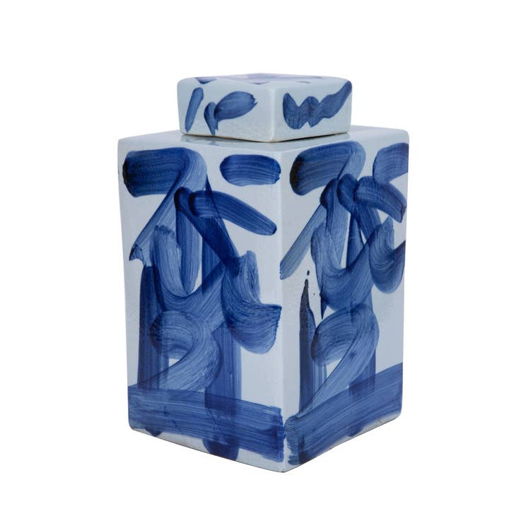 Blue And White Brushstroke Square Tea Jar for wholesale by Legend Accents