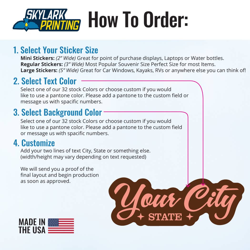 Skylark Printing - Wholesale Sticker - Script Souvenir Sticker with Your City, Text, and Colors2