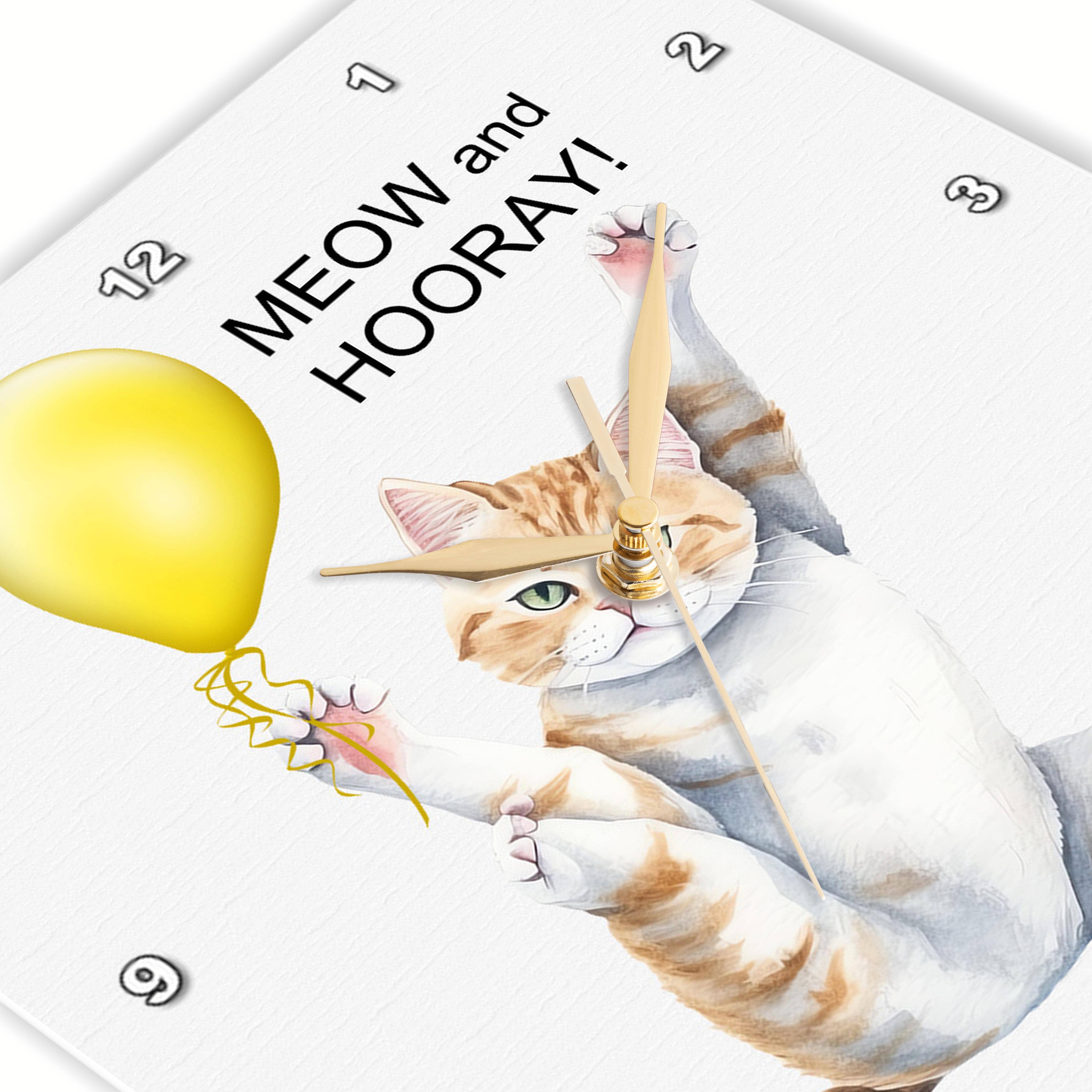 3dRose - Wholesale Wall Clock - 3dRose, Cute Meow and Hooray Kitty Cat in a Yoga Position with Yellow Balloon, Wall Clock2