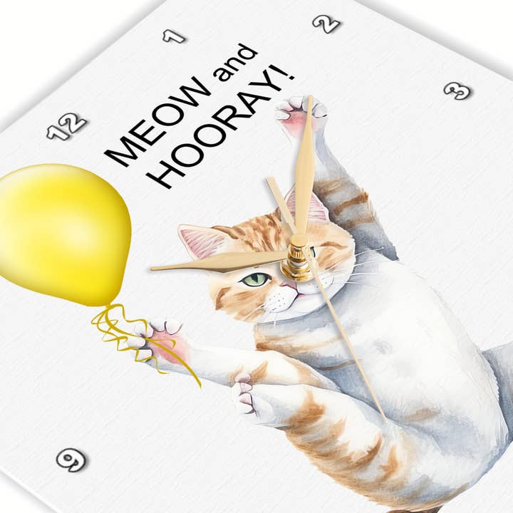 3dRose - Wholesale Wall Clock - 3dRose, Cute Meow and Hooray Kitty Cat in a Yoga Position with Yellow Balloon, Wall Clock2