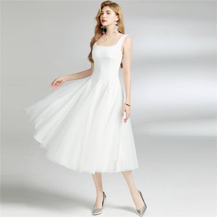 White Spaghetti Strap Mesh Tulle Puffy Prom Dress for wholesale by UZ Wholesale Store