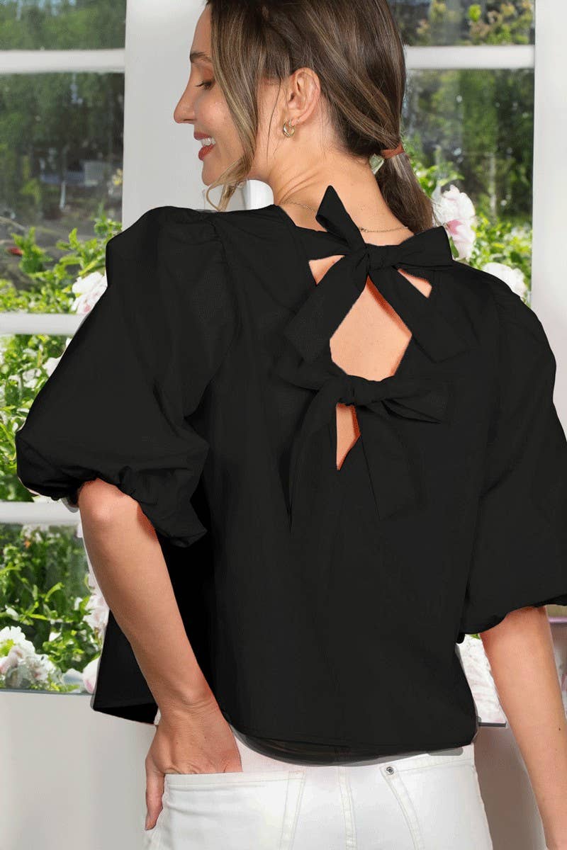 Vine & Love - Wholesale Blouse - Women's - Bubble Sleeve V-Back 2 Bow Detail Blouse Top VT826210