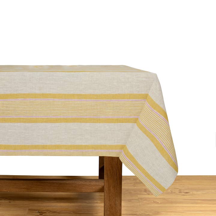 French Ticking Stripe Tablecloth Marigold/Pink for wholesale by Maison Marigold