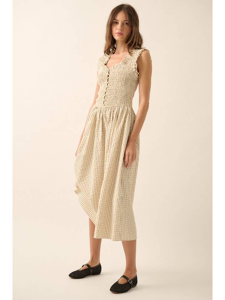 Promesa USA - Wholesale Dress - Women's - Check Plaid Smocked Ruffled Midi Dress