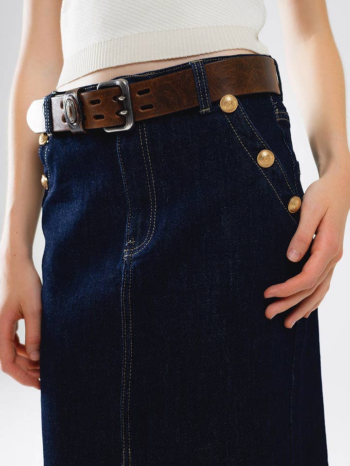 Blå Denim nederdel med slids foran og guldknapper på siderne for engroshandel på Faire