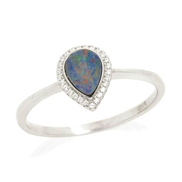 Australian blue opal doublet drop ring, sterling silver for wholesale by OPALOOK France