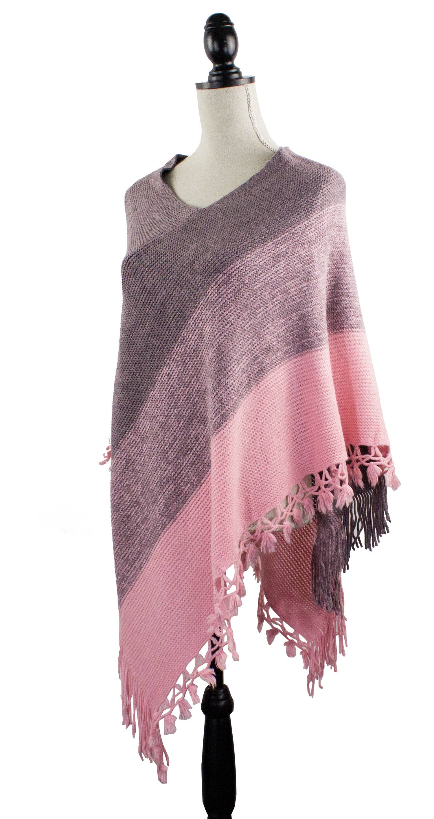 Fennco Styles - Venta al por mayor Poncho - Mujer - Suéter Poncho de Bloques de Color con Flecos9